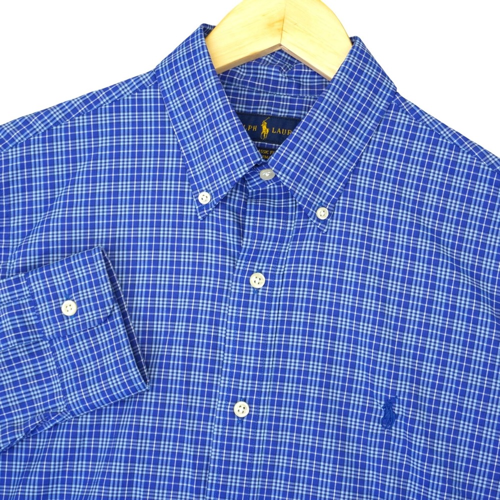Ralph Lauren Button Down Shirt Mens M Blue Plaid Performance Classic Fit Pony